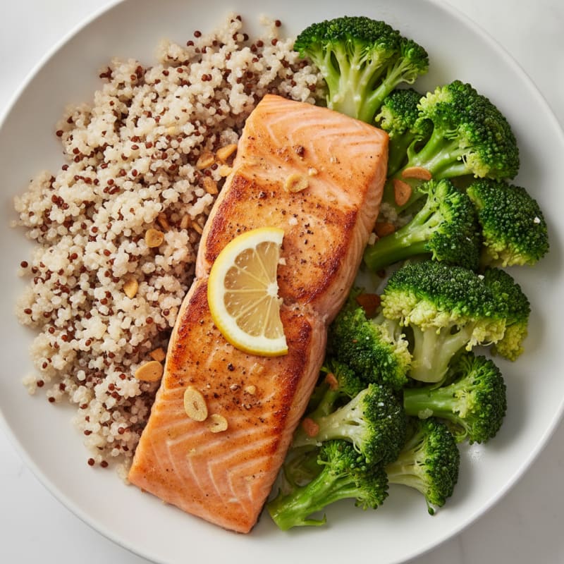 Seared Salmon with Steamed Broccoli and Quinoa
