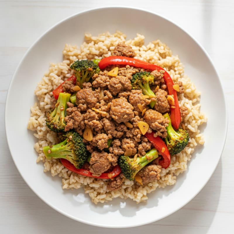 Lean Ground Beef Stir-Fry with Brown Rice and Mixed Vegetables