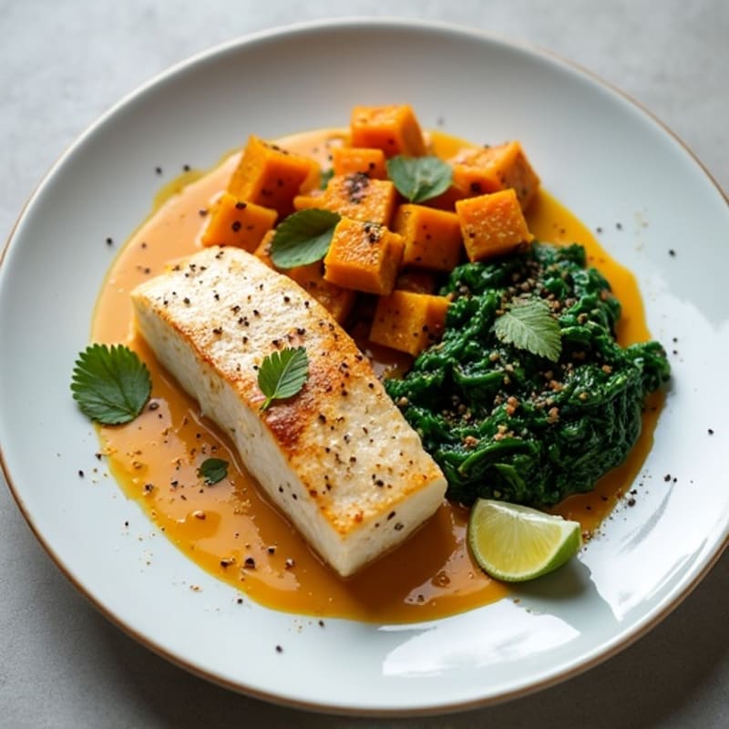 Seared Fish Fillet with Roasted Pumpkin and Coconut Spinach