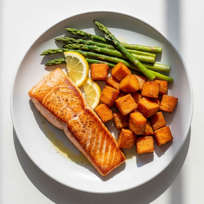 Seared Salmon with Roasted Sweet Potatoes and Asparagus