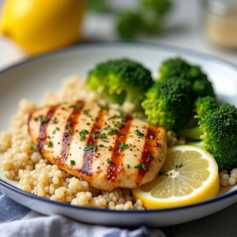 Grilled Lemon-Garlic Chicken Breast with Quinoa and Steamed Broccoli