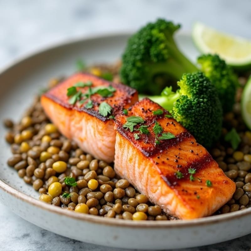 Seared Salmon with Roasted Broccoli and Lentils