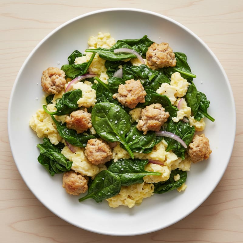 Egg White Scramble with Turkey Sausage and Sautéed Spinach
