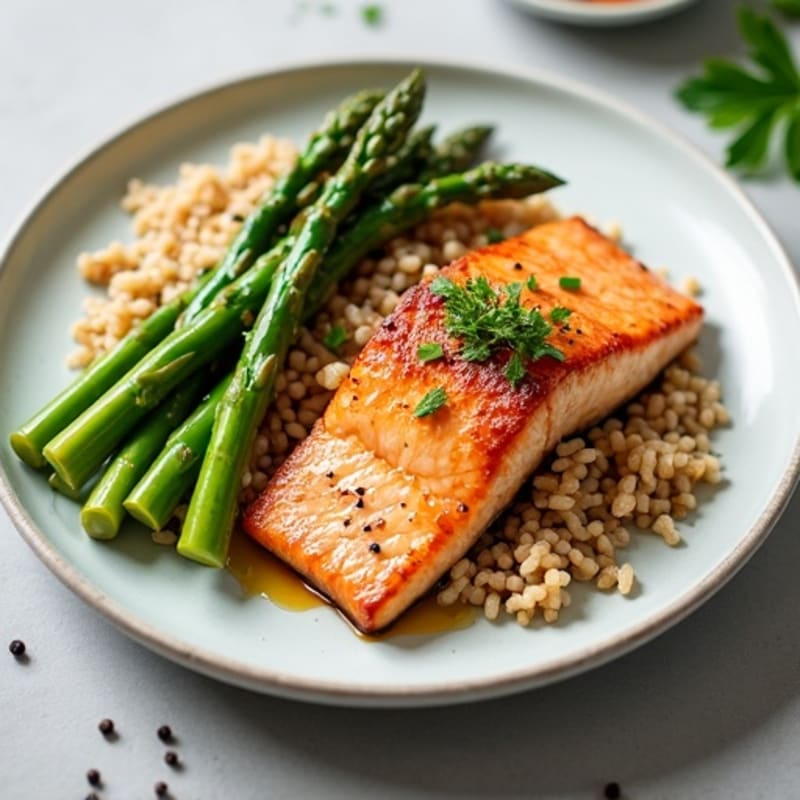 Seared Salmon with Steamed Asparagus and Brown Rice