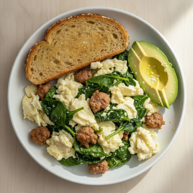 Egg White and Spinach Scramble with Turkey Sausage