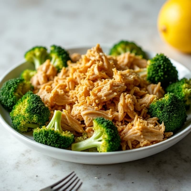 Shredded Chicken and Crispy Roasted Broccoli with Lemon Garlic Dressing