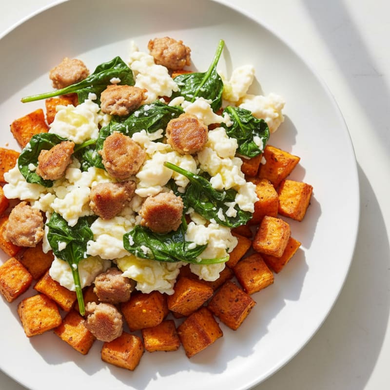 Egg White and Turkey Sausage Scramble with Spinach and Roasted Sweet Potatoes