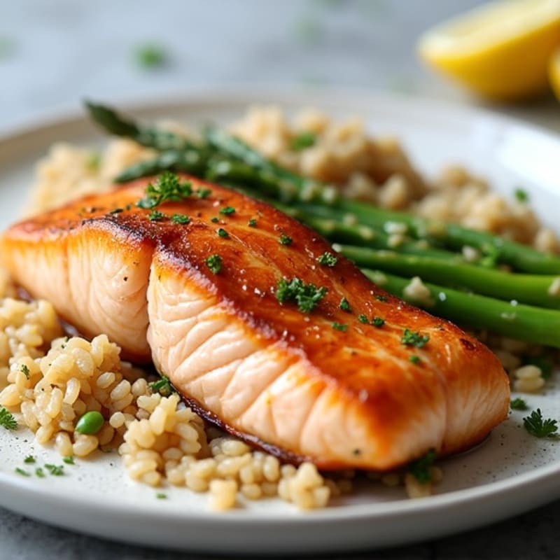 Seared Salmon with Lemon Garlic Asparagus and Brown Rice