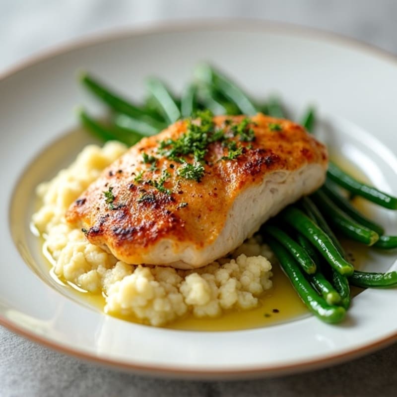Pan-Seared Chicken with Creamy Mashed Cauliflower and Crispy Roasted Green Beans
