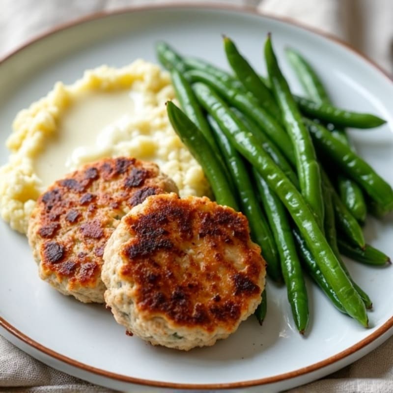 Seared Turkey Patties with Steamed Green Beans and Cauliflower Mash