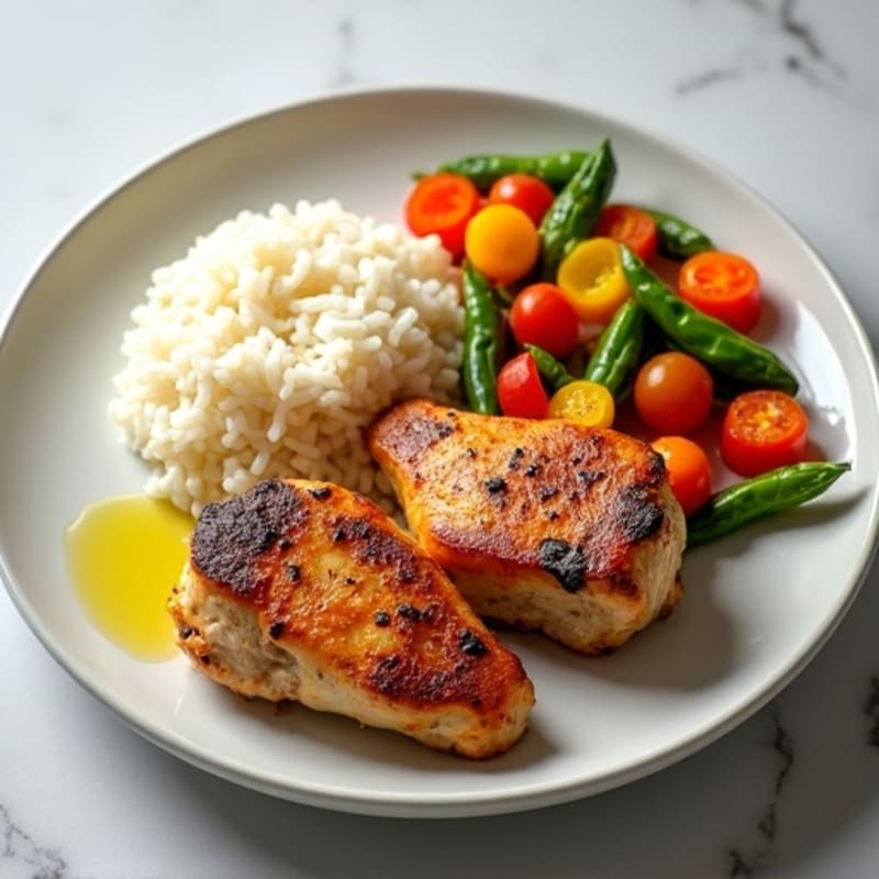 Seared Chicken Thighs with Garlic Rice and Steamed Mixed Vegetables