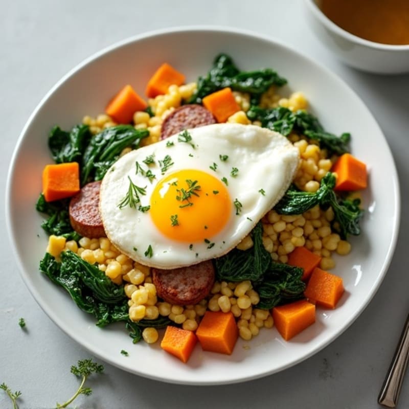 Egg White and Turkey Sausage Scramble with Cottage Cheese and Sautéed Spinach