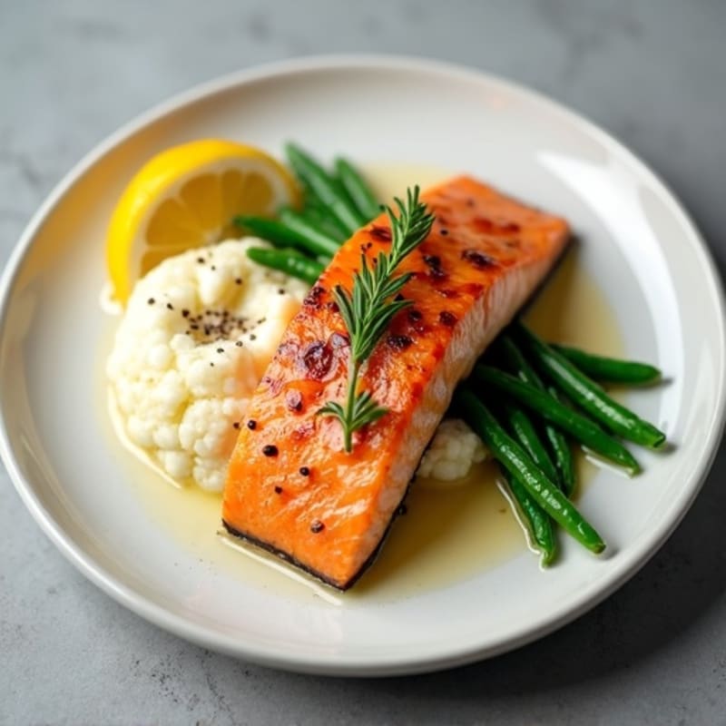 Seared Salmon with Steamed Green Beans and Cauliflower Mash
