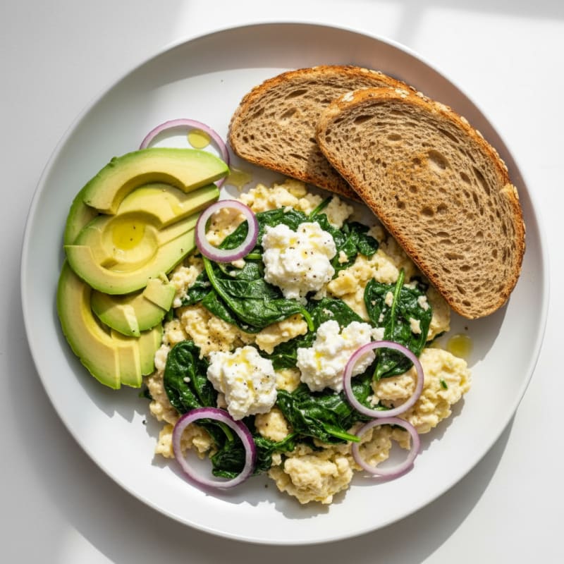 Egg White and Spinach Scramble with Cottage Cheese and Sliced Avocado