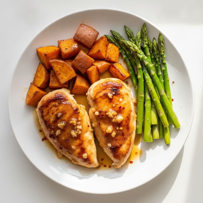 Honey-Garlic Chicken with Roasted Sweet Potatoes and Asparagus