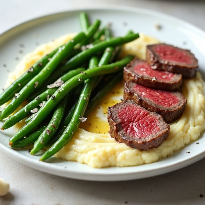 Seared Lean Beef Medallions with Garlic Green Beans and Cauliflower Mash