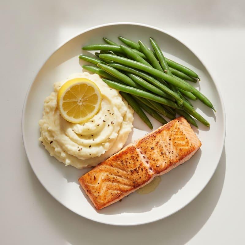 Seared Salmon with Steamed Green Beans and Garlic Mashed Potatoes