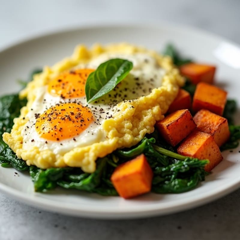 Fluffy Egg Scramble with Sautéed Greens and Crispy Sweet Potato
