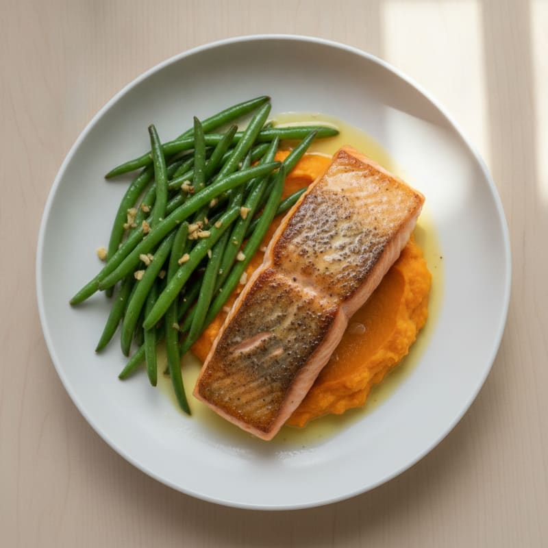 Seared Salmon with Garlic Green Beans and Sweet Potato Mash