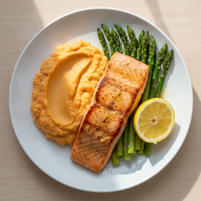 Seared Salmon with Steamed Asparagus and Sweet Potato Mash