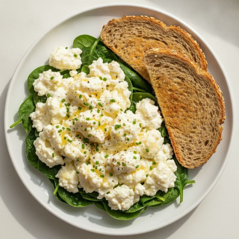 Fluffy Cottage Cheese Scrambled Eggs with Sprouted Toast