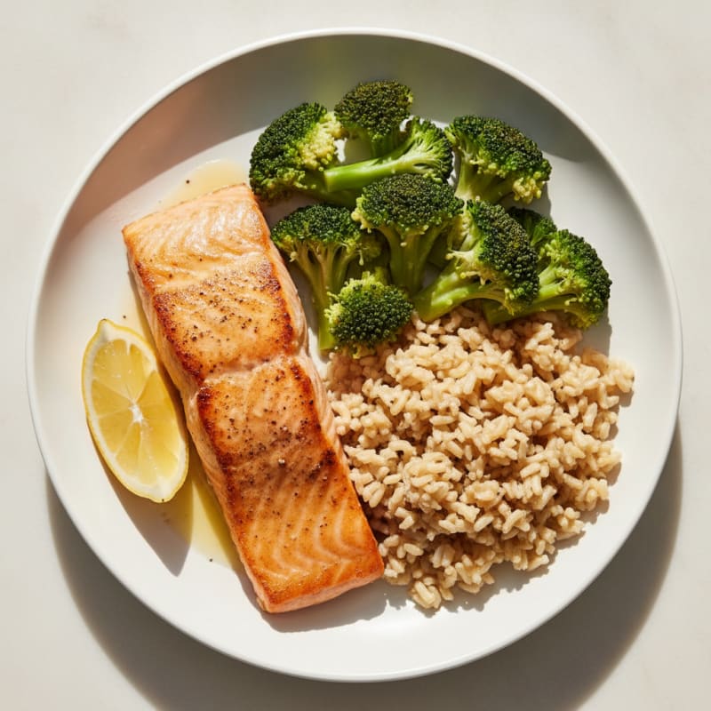 Seared Salmon with Steamed Broccoli and Brown Rice