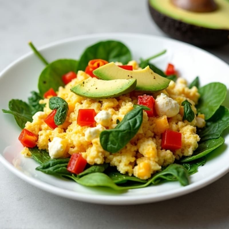Egg White Veggie Scramble with Cottage Cheese and Fresh Spinach