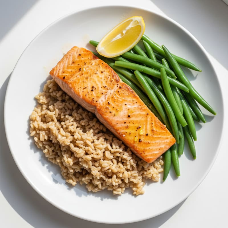 Seared Salmon with Steamed Green Beans and Brown Rice
