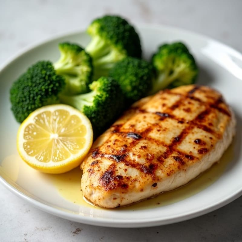 Grilled Chicken Breast with Steamed Broccoli and Lemon