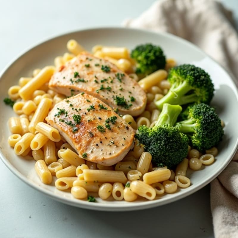 Creamy Garlic Chicken Pasta with Roasted Broccoli