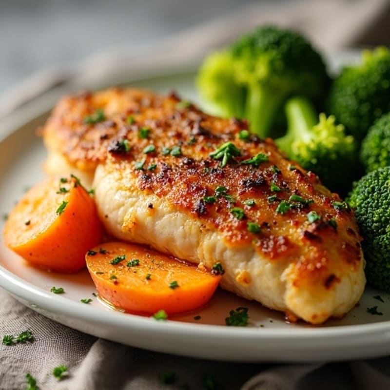 Garlic Herb Crusted Chicken with Crispy Roasted Broccoli and Sweet Potatoes