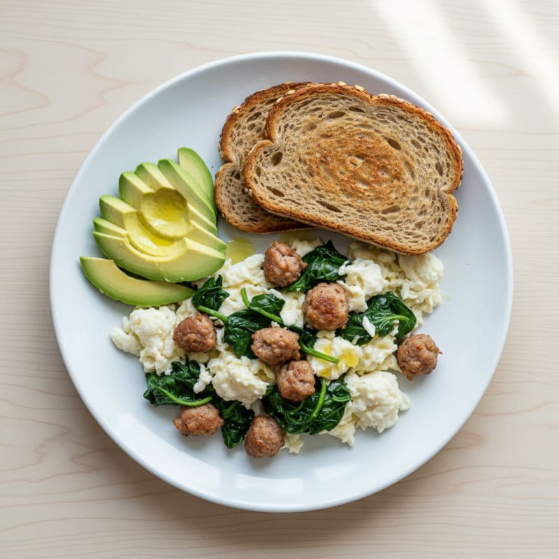 Egg White Spinach Scramble with Turkey Sausage