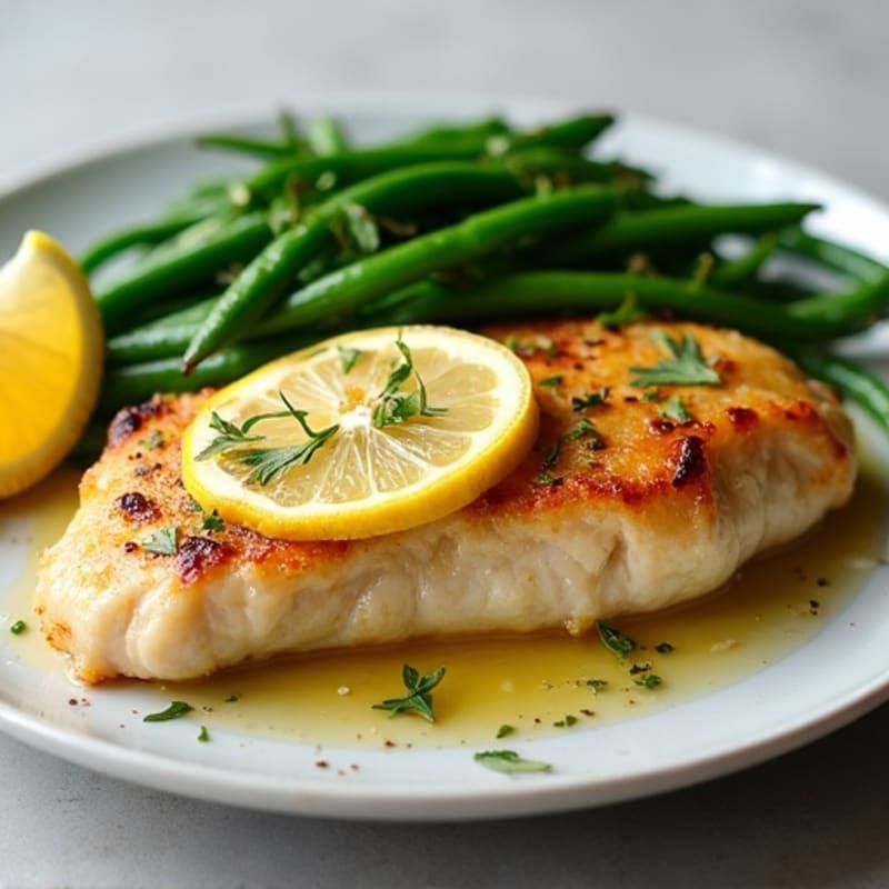 Lemon Garlic Pan-Seared Chicken Breast with Roasted Green Beans