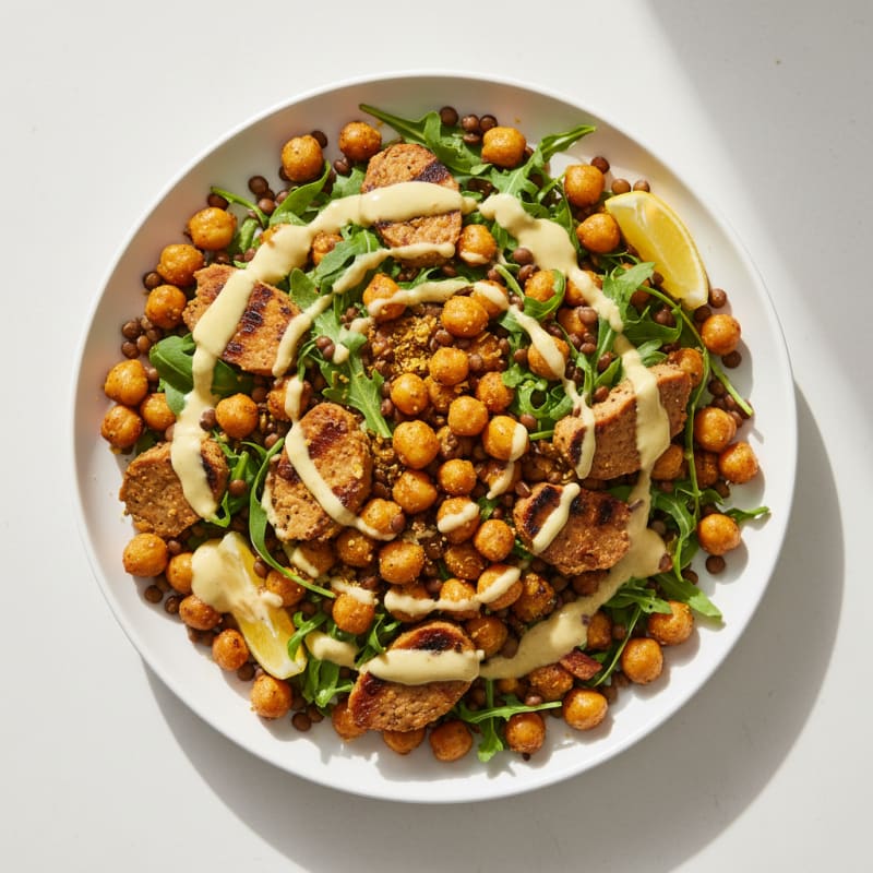 Crispy Chickpea and Lentil Salad with Lemon-Tahini Dressing