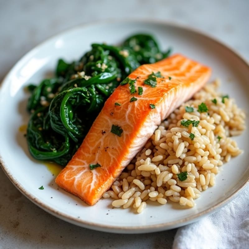 Seared Salmon with Garlic Spinach and Brown Rice