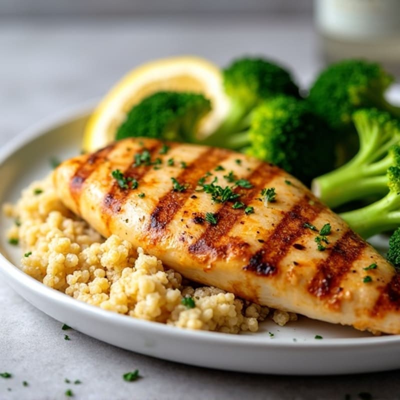 Grilled Lemon Garlic Chicken Breast with Quinoa and Steamed Broccoli