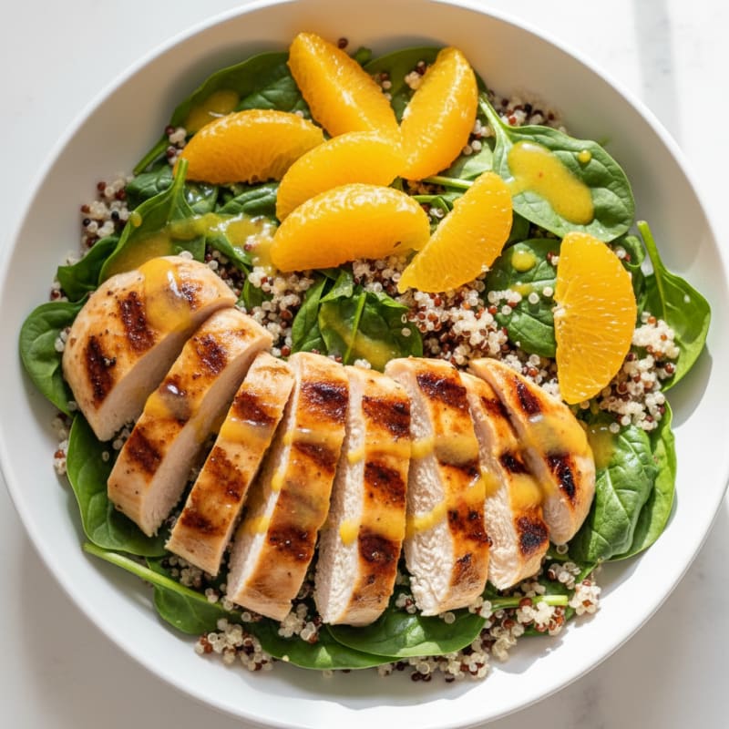 Grilled Chicken and Quinoa Bowl with Spinach and Citrus Vinaigrette