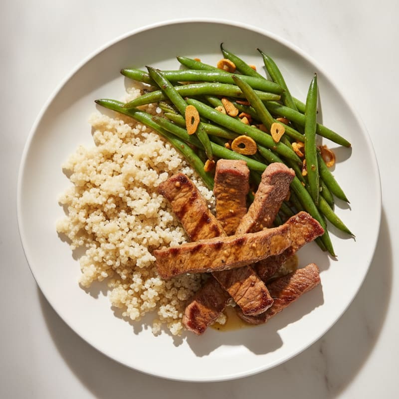 Seared Lean Beef Strips with Garlic Green Beans and Quinoa