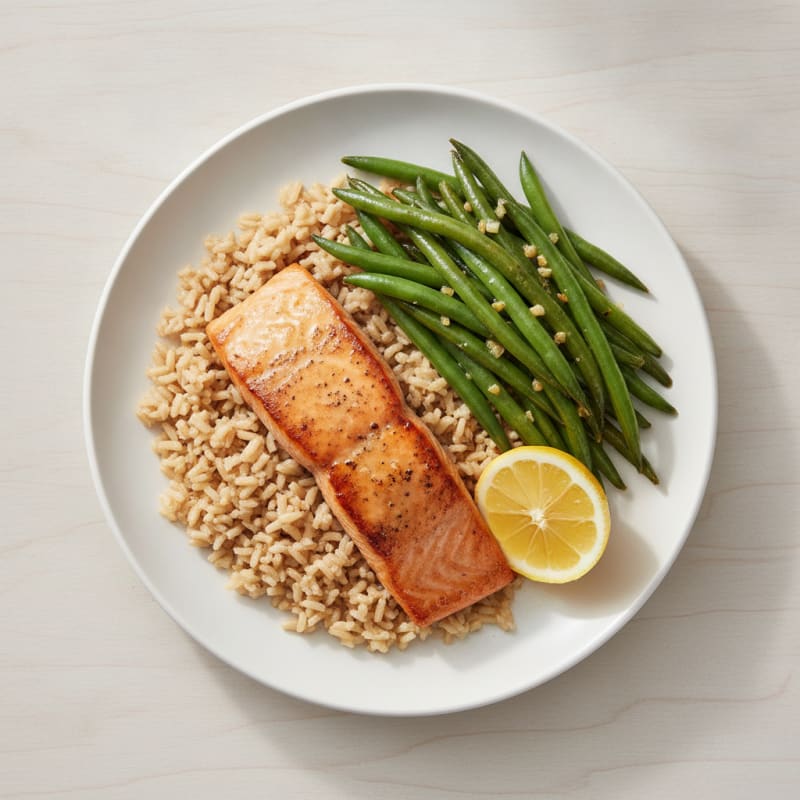 Seared Salmon with Garlic Green Beans and Brown Rice