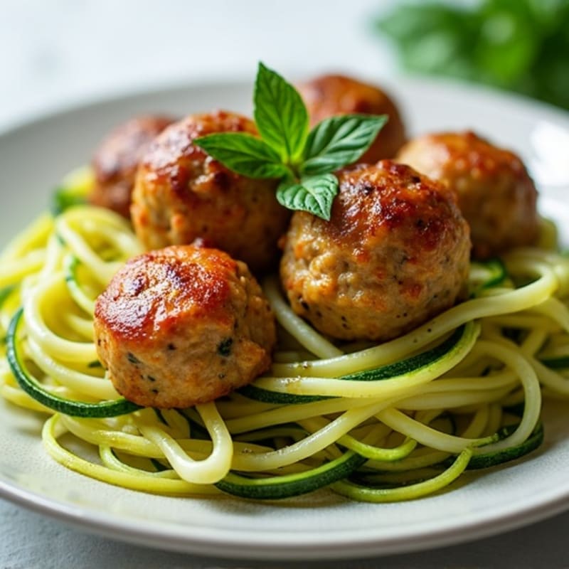 Herb-Garlic Baked Chicken Meatballs with Zucchini Noodles