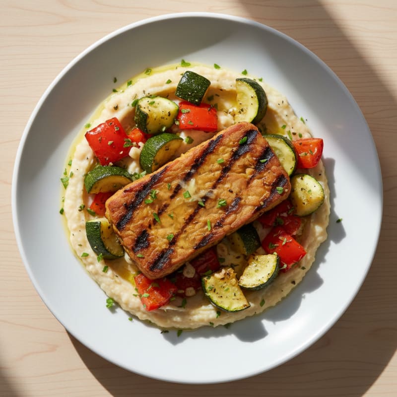 Grilled Tempeh with Herb-Roasted Vegetables and White Bean Mash