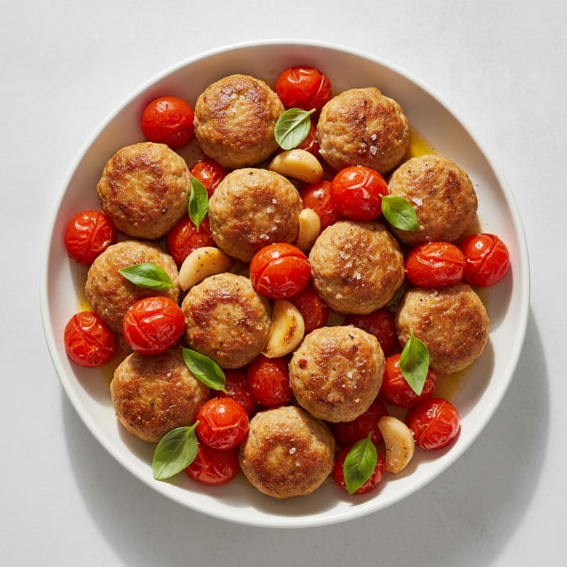 Roasted Garlic Chicken Meatballs with Tomatoes