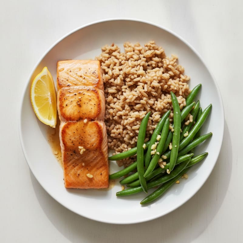Seared Salmon with Garlic Green Beans and Brown Rice