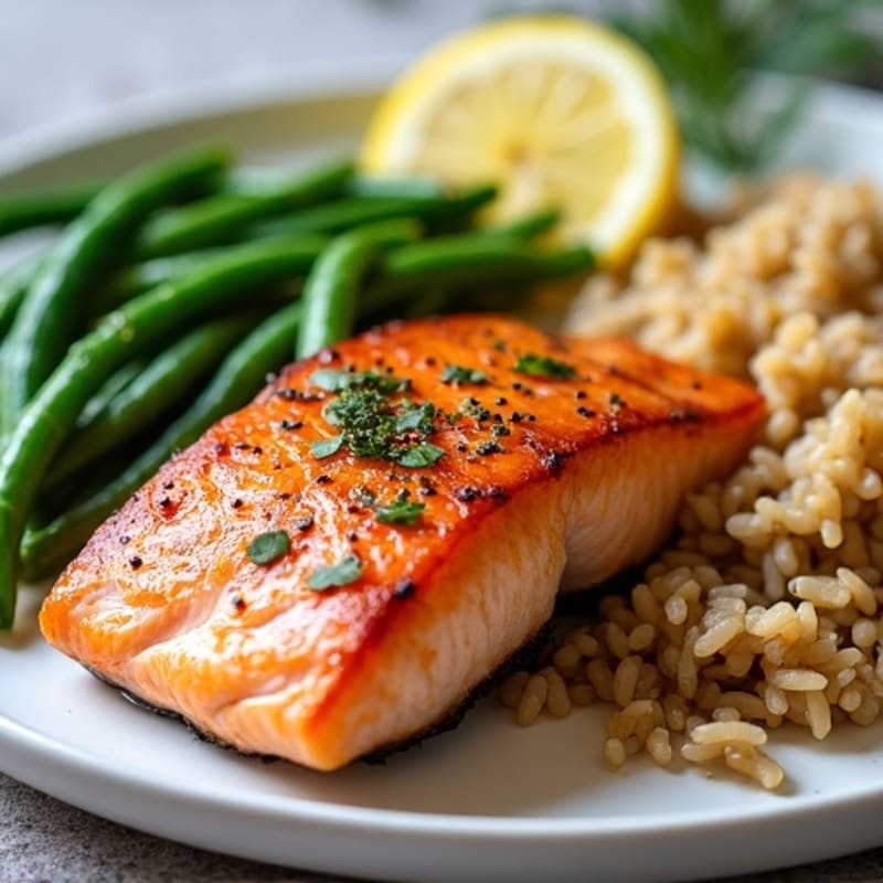 Seared Salmon Fillet with Garlic Green Beans and Brown Rice