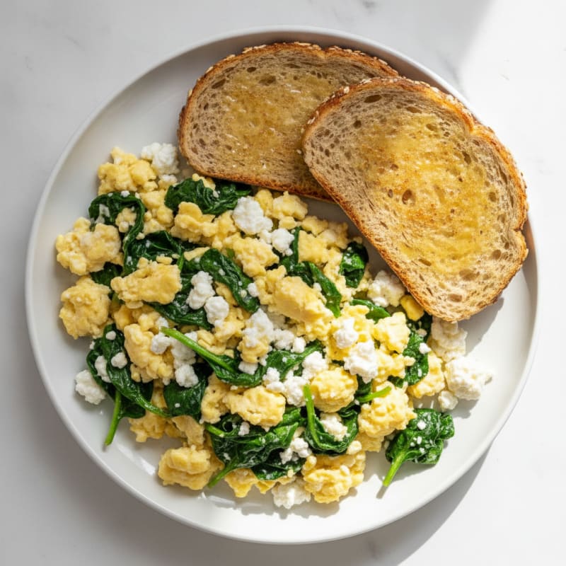 Scrambled Eggs with Cottage Cheese and Sautéed Spinach