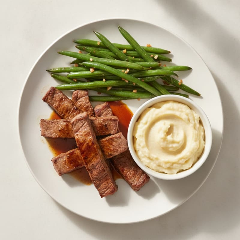 Seared Lean Beef Strips with Steamed Green Beans and Cauliflower Mash