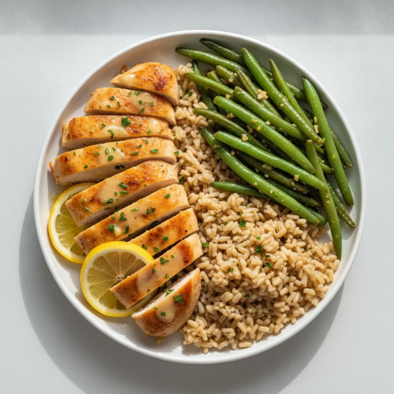 Lemon Garlic Pan Seared Chicken with Sautéed Green Beans and Brown Rice