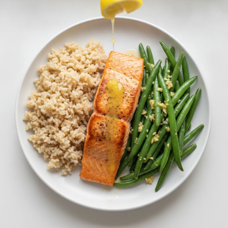 Seared Salmon with Garlic Green Beans and Brown Rice