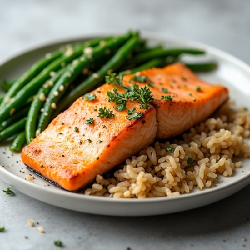 Seared Salmon with Garlic Green Beans and Brown Rice