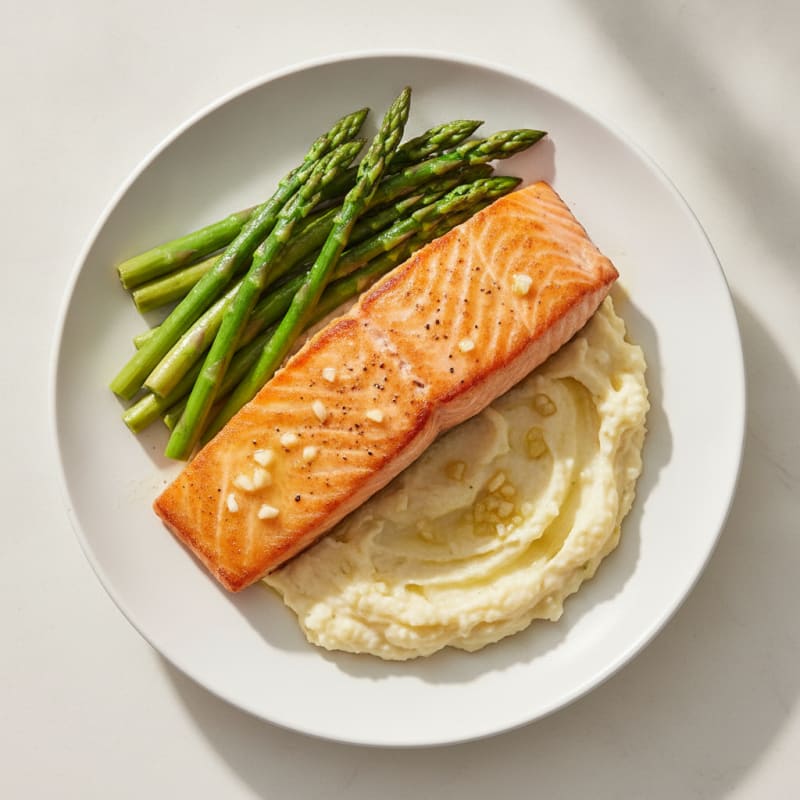 Seared Salmon with Steamed Asparagus and Garlic Cauliflower Mash